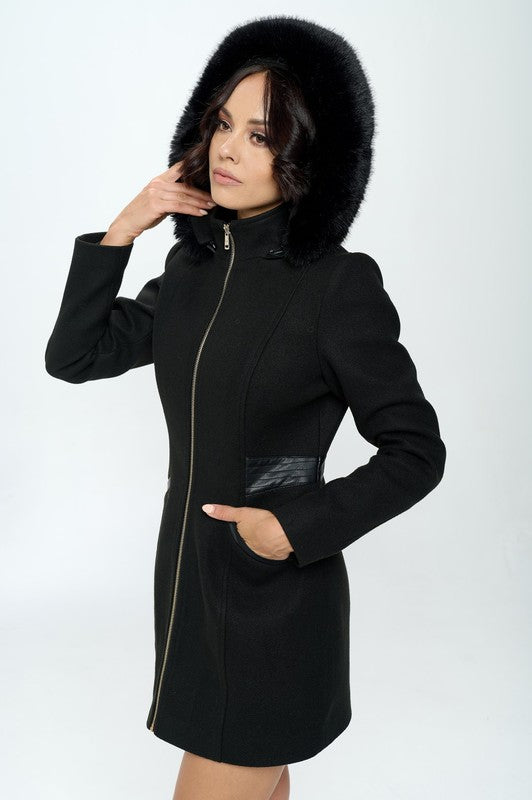 Hooded Faux Wool Coat - Black