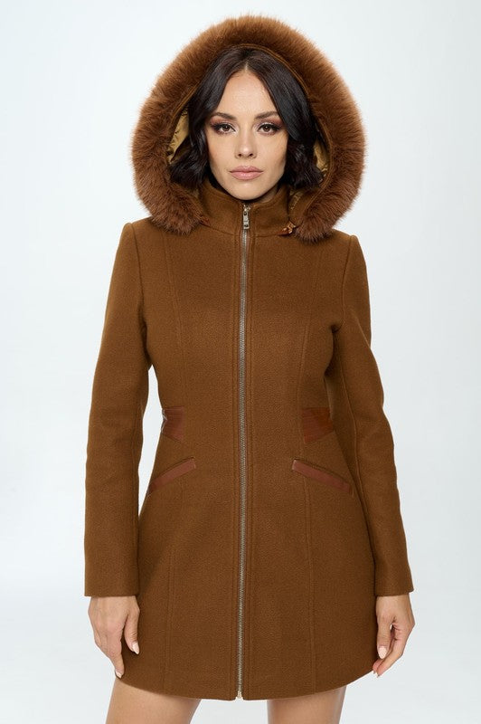 Hooded Faux Wool Coat - Camel