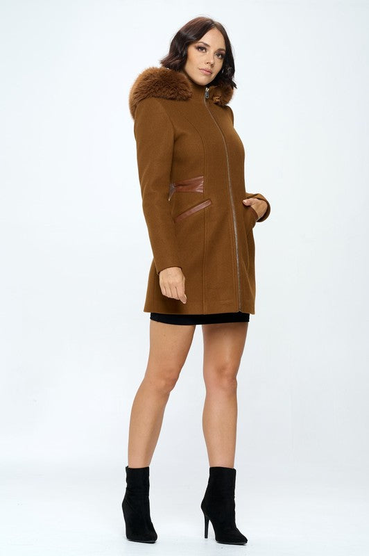Hooded Faux Wool Coat - Camel