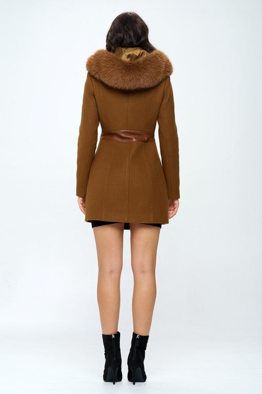 Hooded Faux Wool Coat - Camel