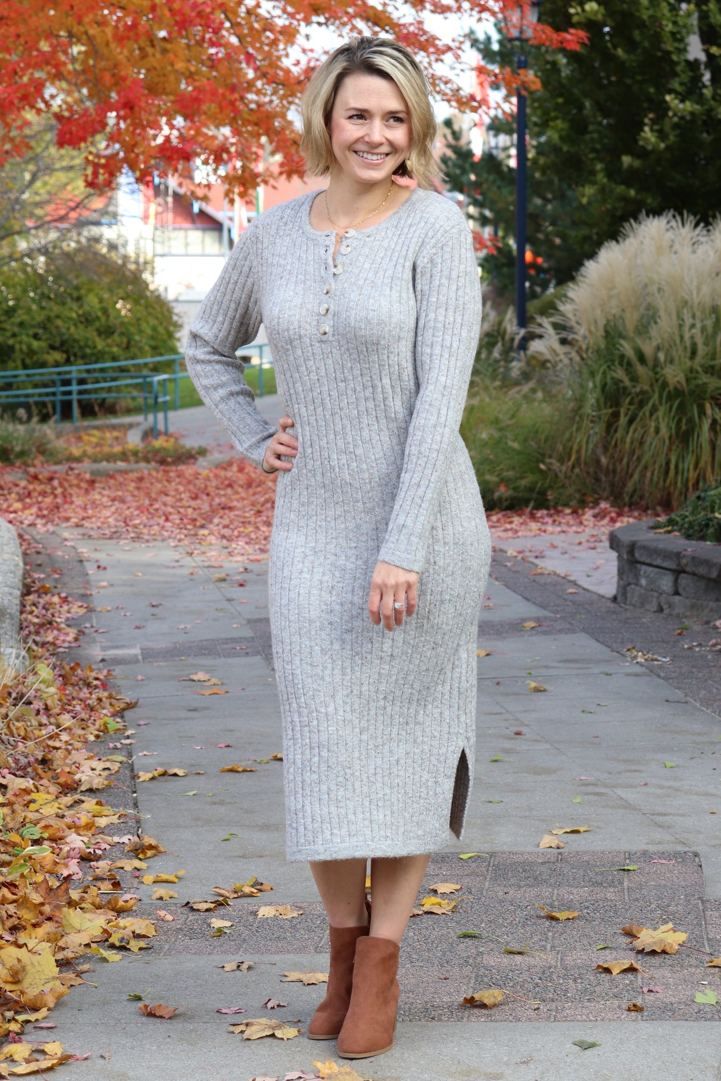 Gray Ribbed Sweater Dress