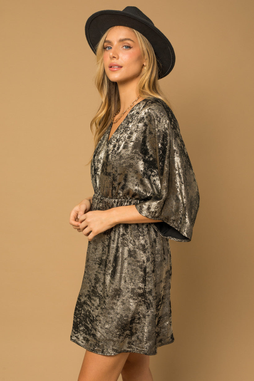 Black and Gold Kimono Waist Tie Mini Dress