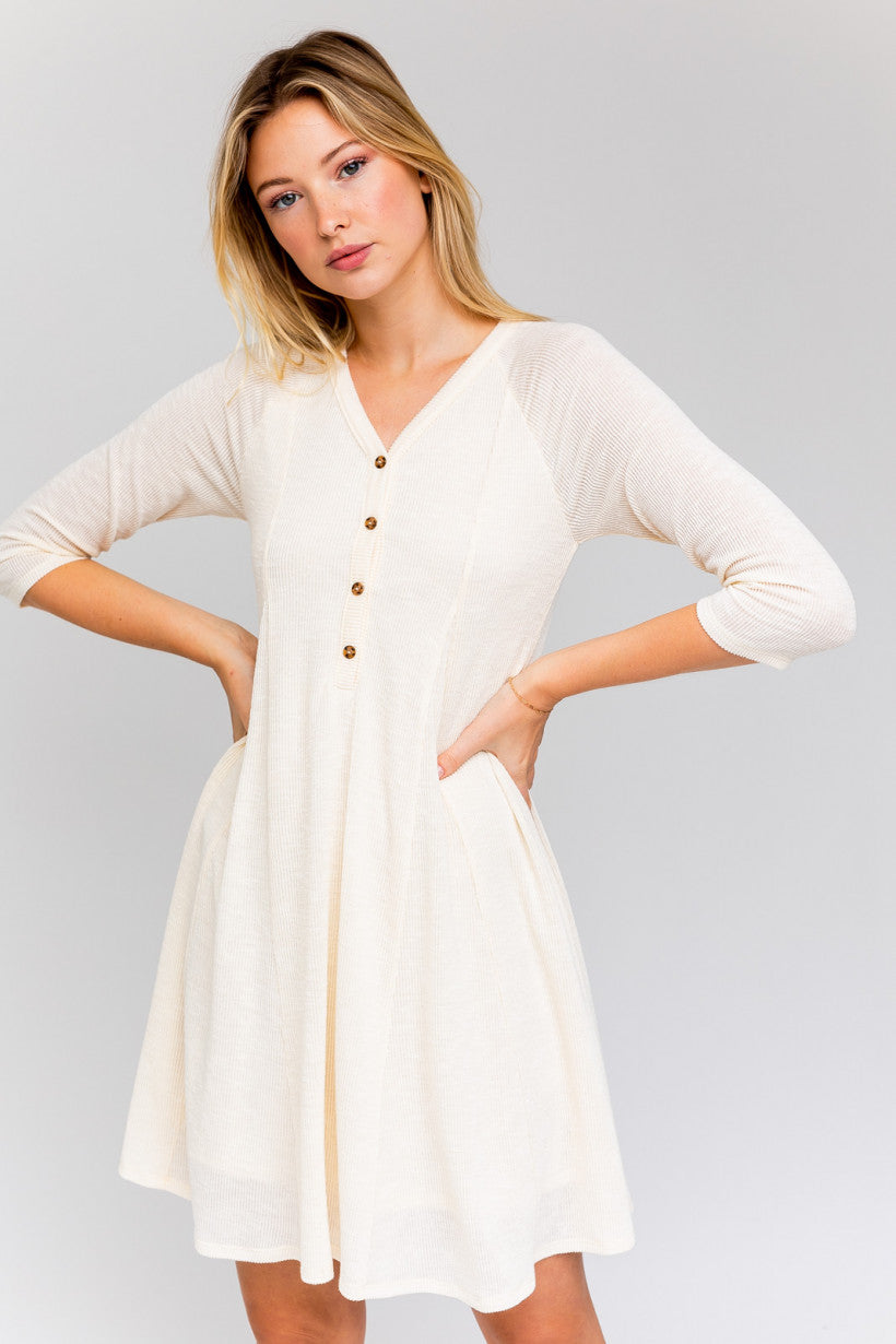 3/4 Sleeve Button Down White Dress