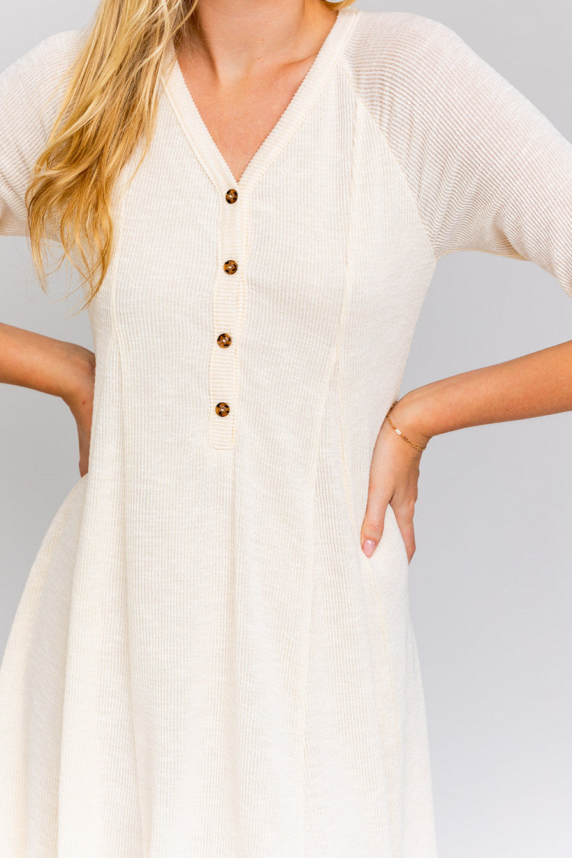 3/4 Sleeve Button Down White Dress