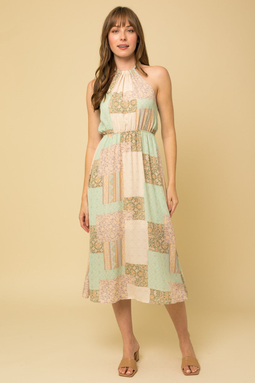 Patchwork Halter Neck Midi Dress