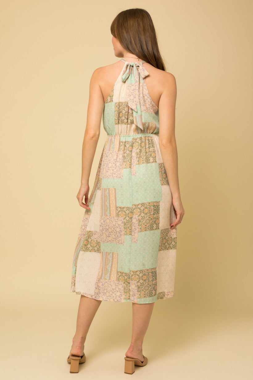 Patchwork Halter Neck Midi Dress