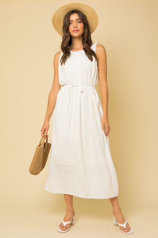 Waist Tie Sleeveless White Midi Dress
