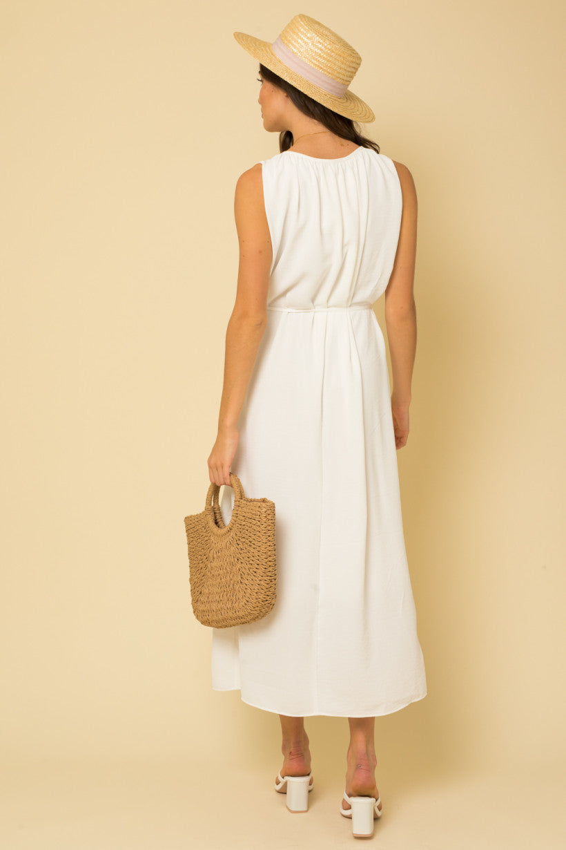 Waist Tie Sleeveless White Midi Dress