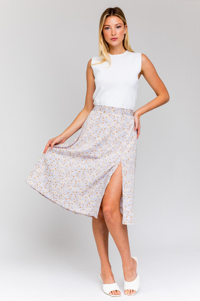 Lavender Floral Print Front Slit Midi Skirt