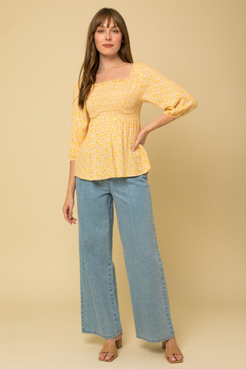Ditsy Print Smocked Peplum Top