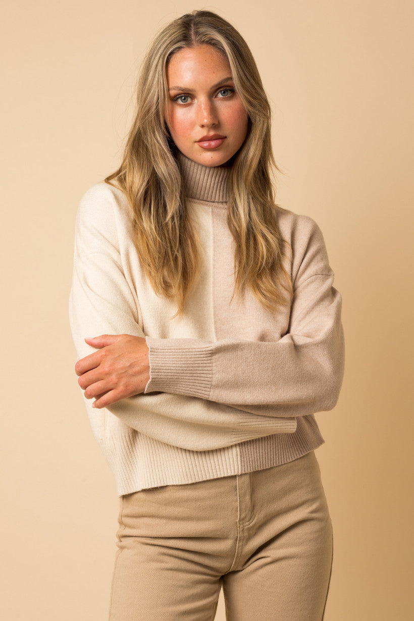 Ivory and Nude Colorblock Turtleneck Sweater