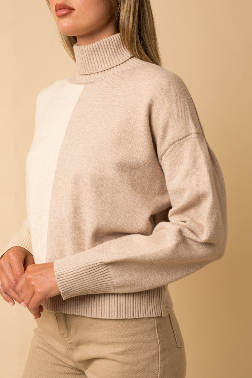 Ivory and Nude Colorblock Turtleneck Sweater