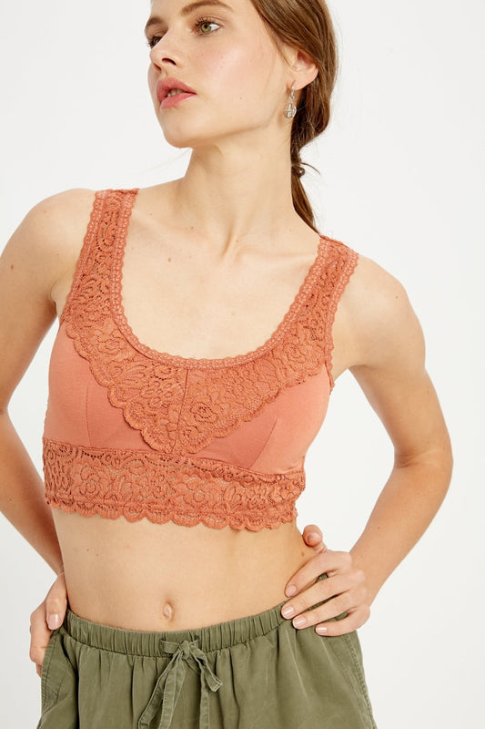 Scalloped Edge Lace Trimmed Padded Bralette - Brick