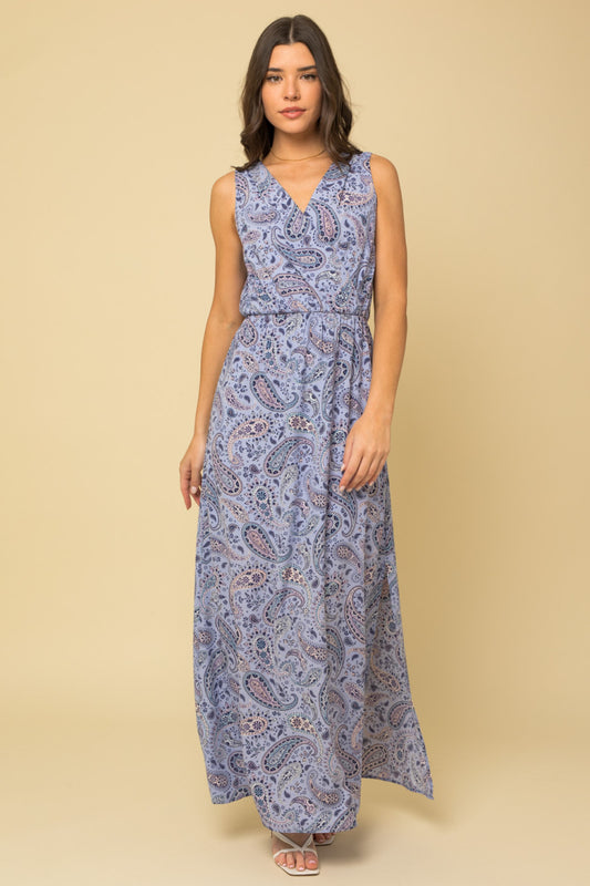 Sleeveless Lavender Paisley Print Maxi Dress