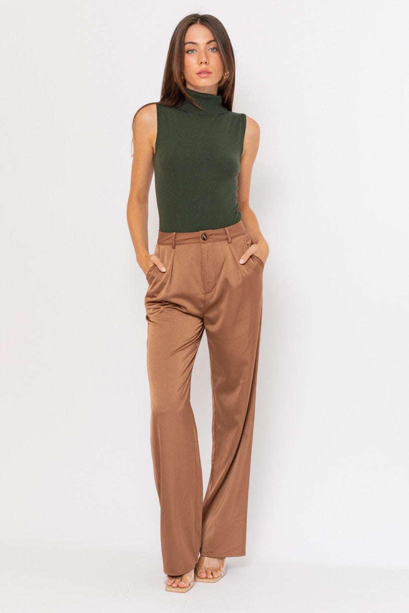 Brown Wide Leg Satin Pants