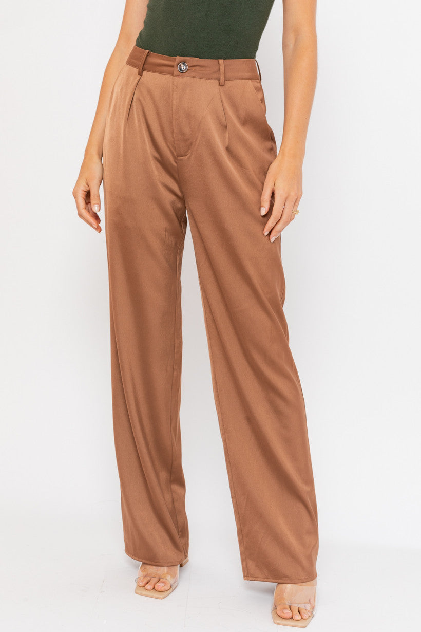 Brown Wide Leg Satin Pants