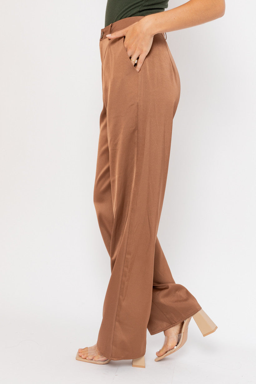 Brown Wide Leg Satin Pants