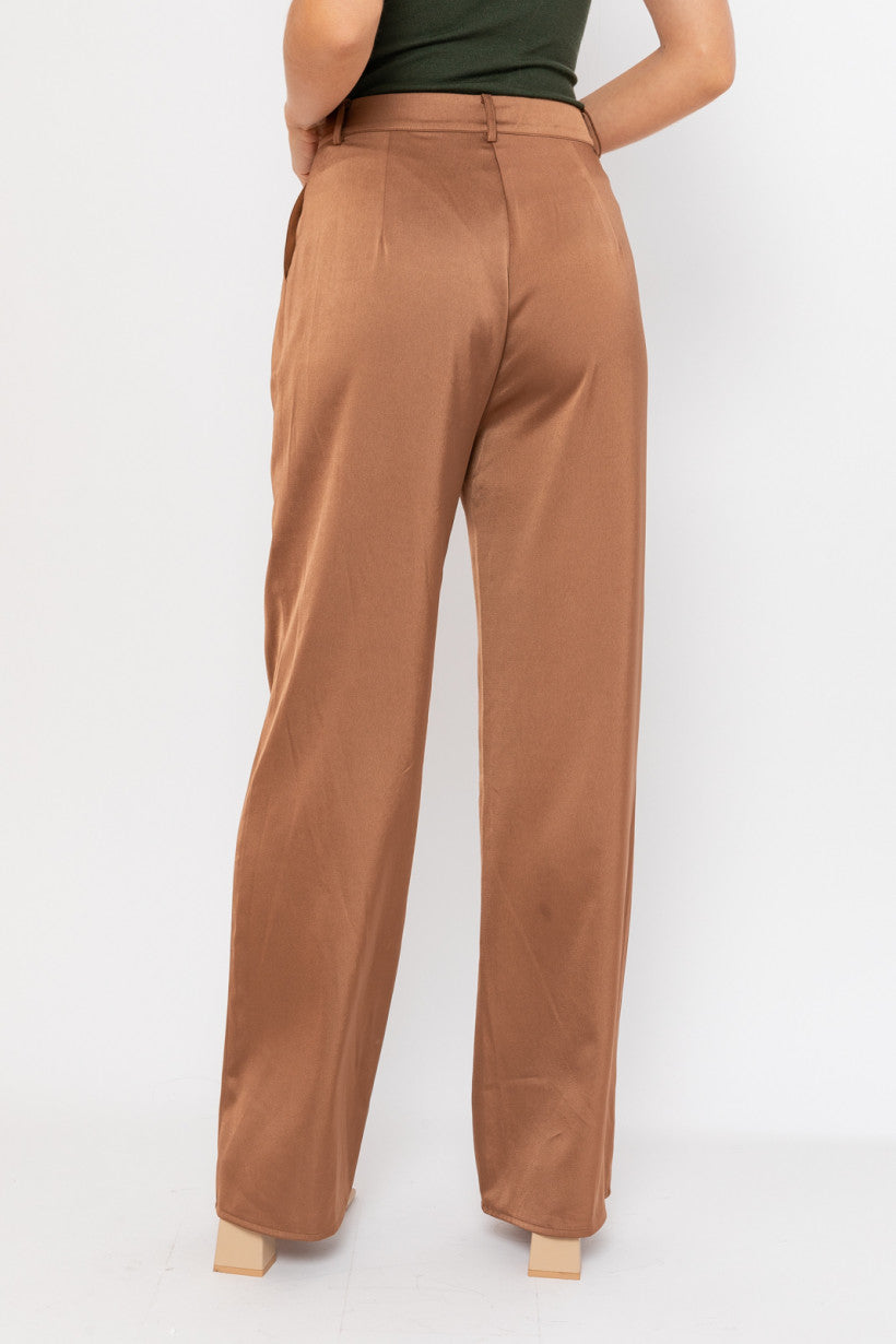 Brown Wide Leg Satin Pants