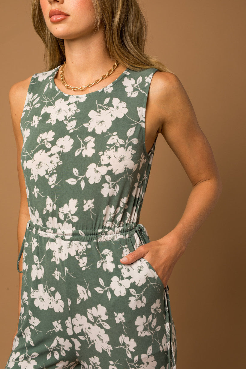 Sleeveless Front Tie Floral Print Jumpsuit