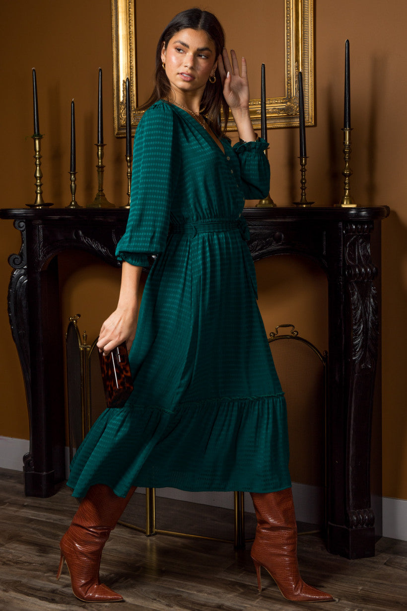 Green V-Neck Button Detail Midi Dress