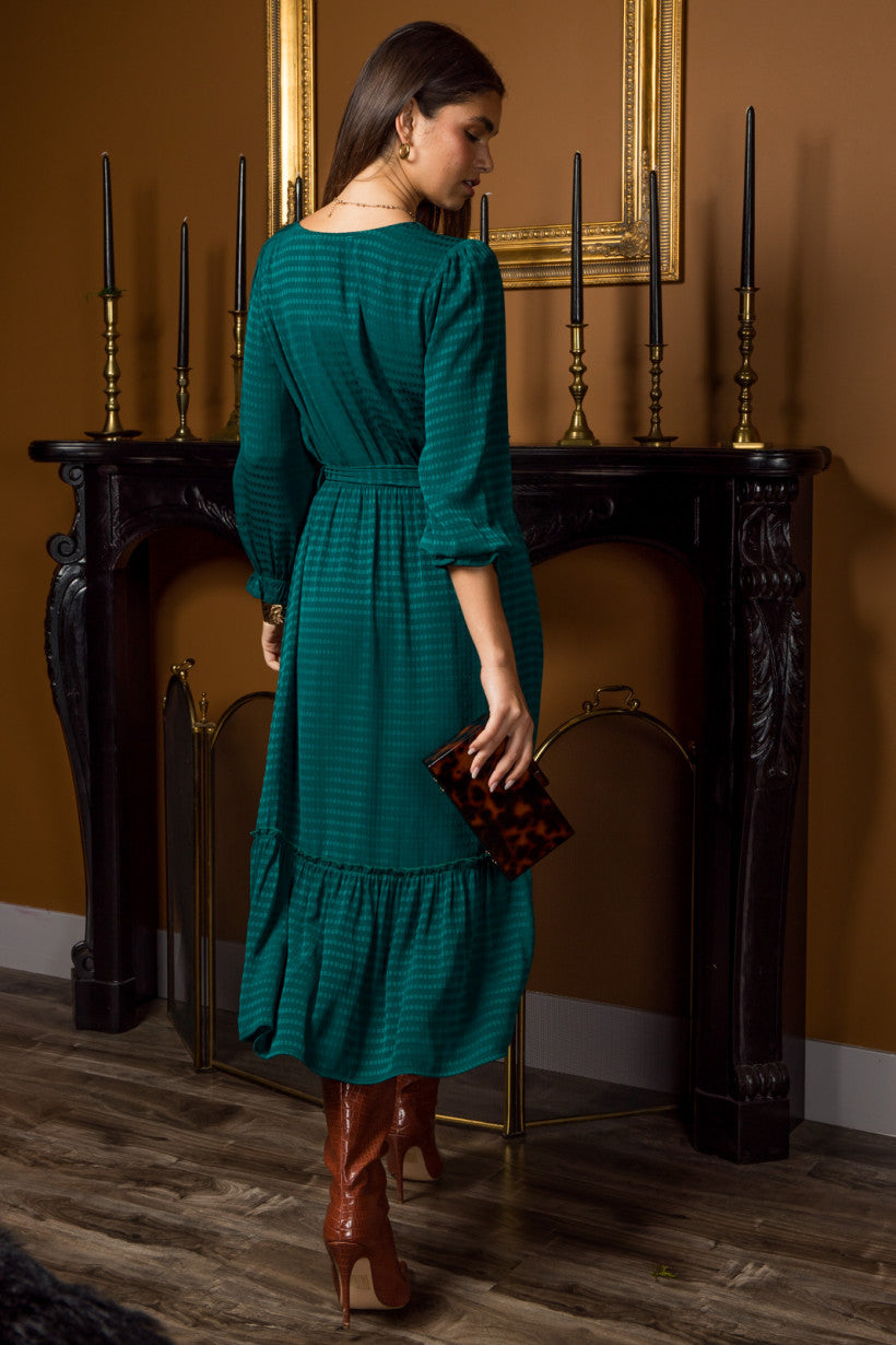 Green V-Neck Button Detail Midi Dress