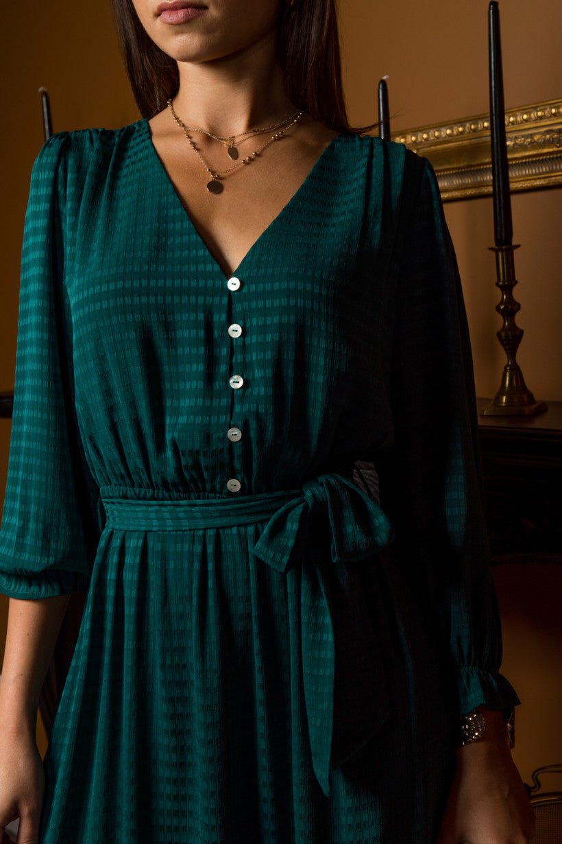 Green V-Neck Button Detail Midi Dress