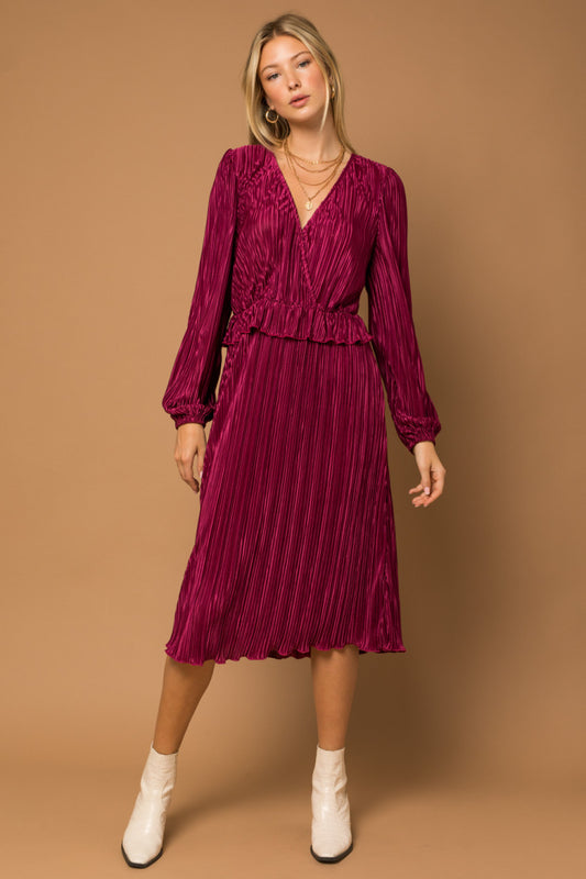 Crinkle Pleats Surplice Wine Red Midi Dress