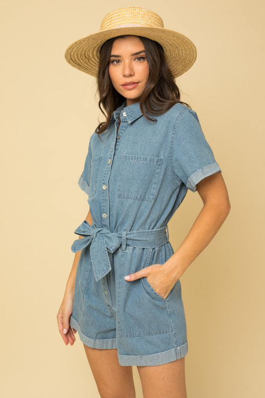 Denim Utility Waist Tie Romper