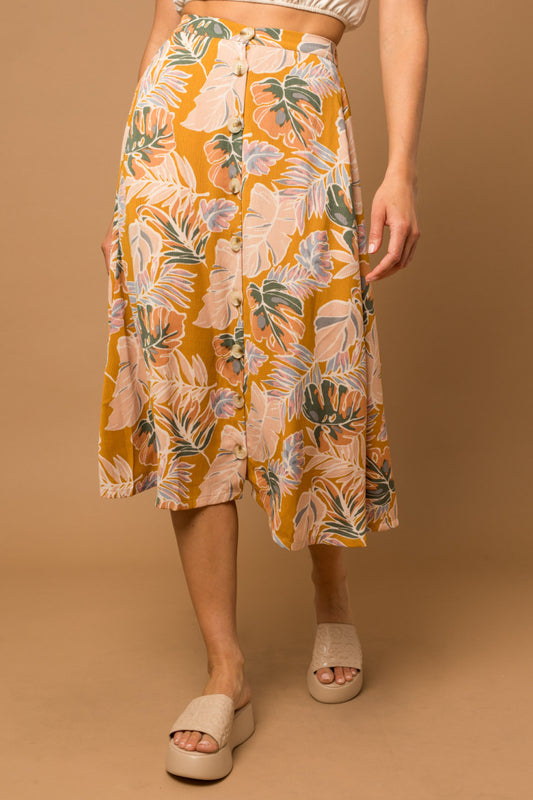 Golden Tropical Print Button Down Skirt