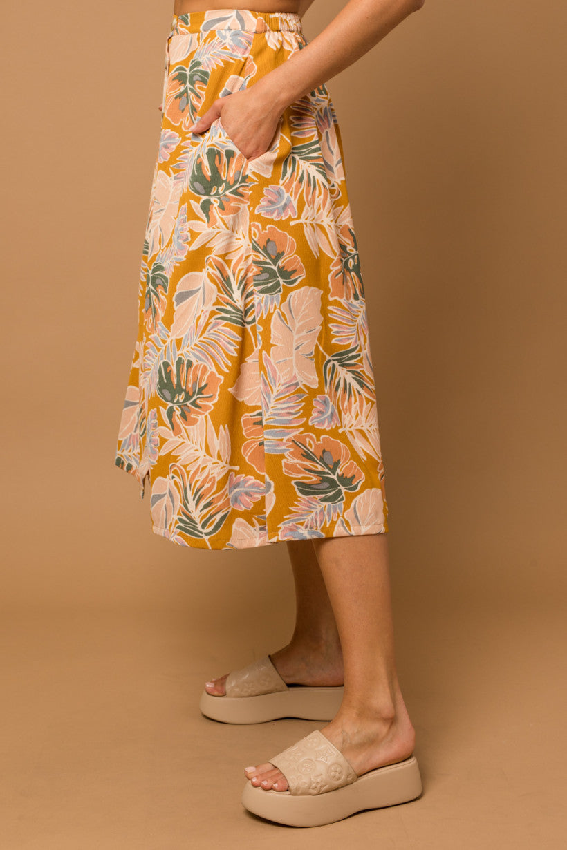 Golden Tropical Print Button Down Skirt