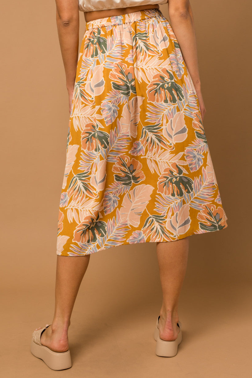 Golden Tropical Print Button Down Skirt