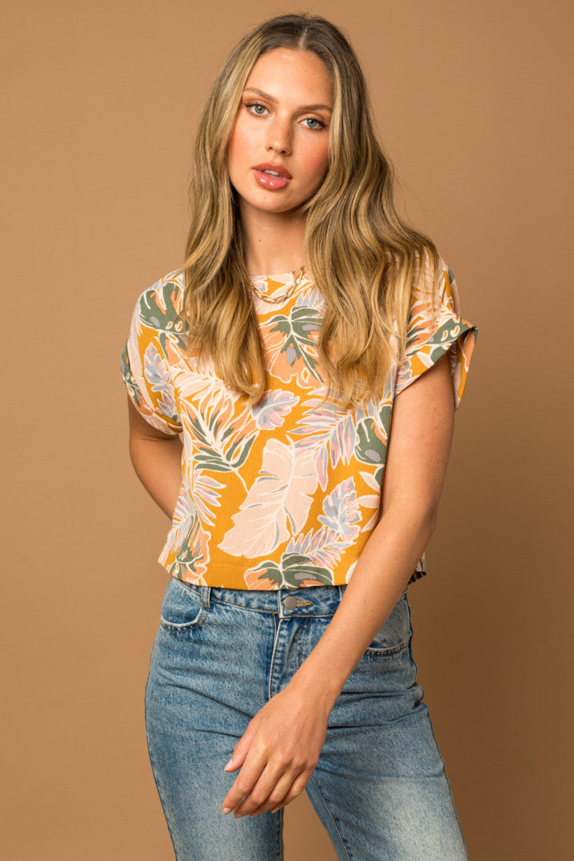 Golden Tropical Print Rolled Cuff Sleeve Top