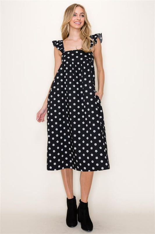 Black Daisy Print Ruffle Strap Zipped Back Dress