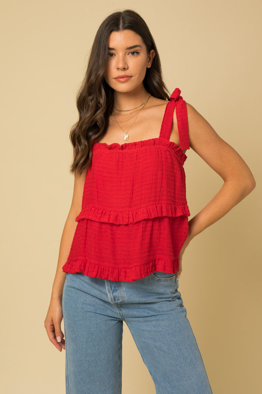 Tiered Ruffle Texture Tie Strap Tank