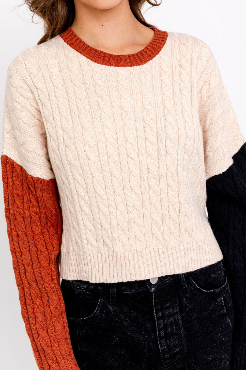 Ivory Color Block Sleeves Cable Knit Sweater