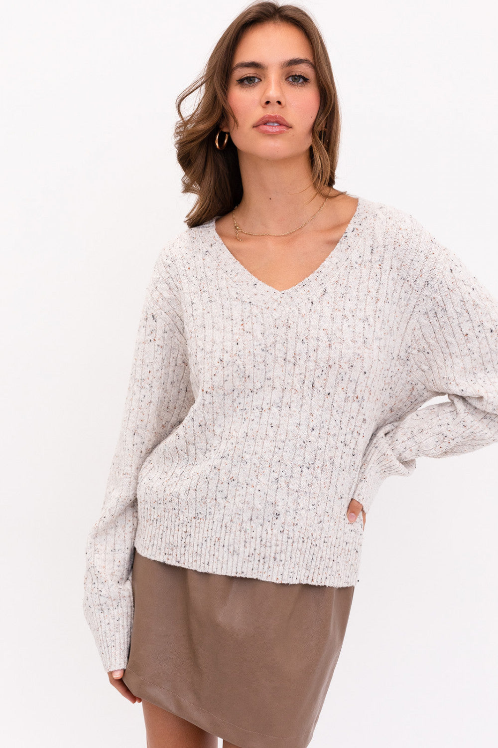 Oatmeal V-Neck Cable Knit Long Sleeve Sweater