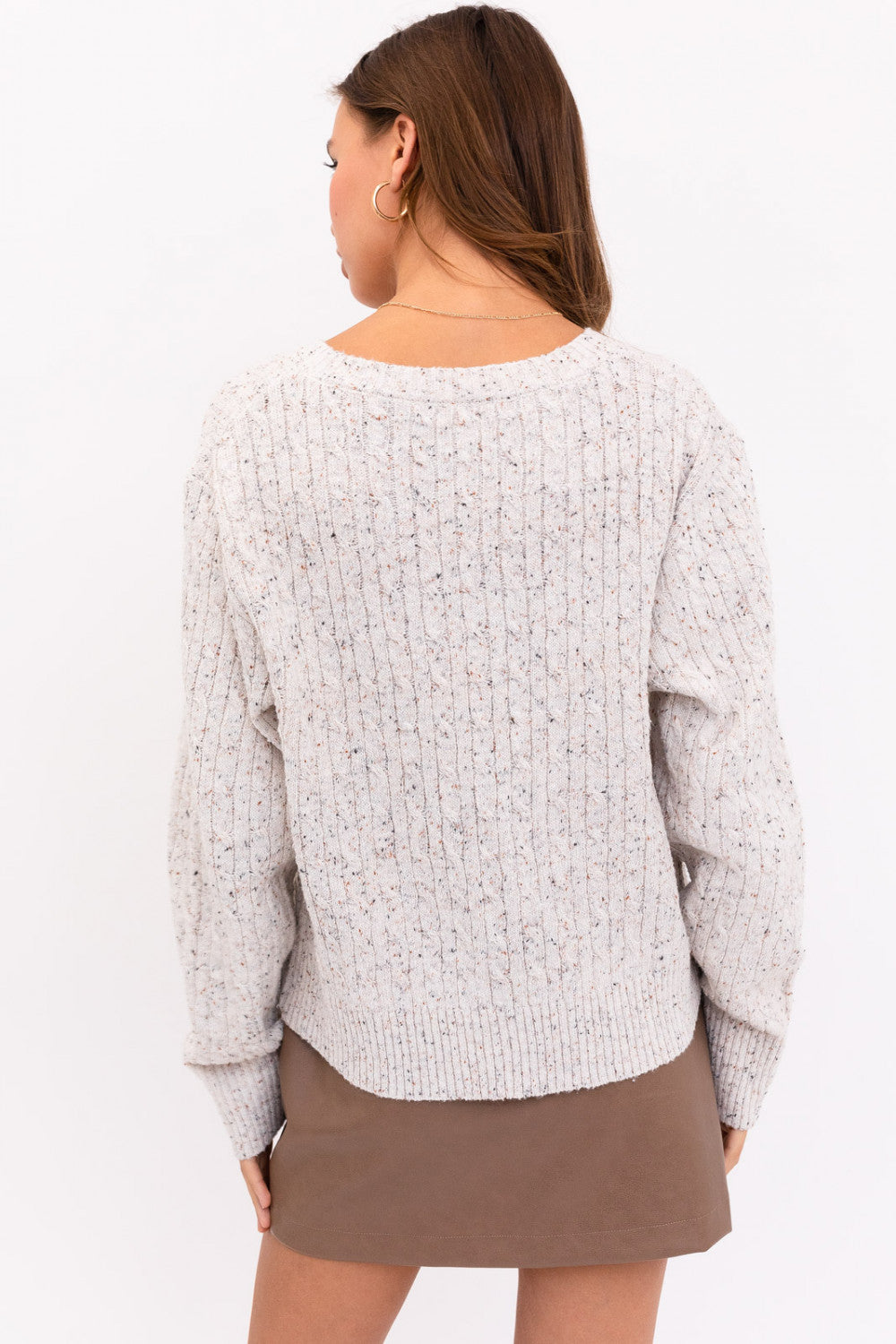Oatmeal V-Neck Cable Knit Long Sleeve Sweater
