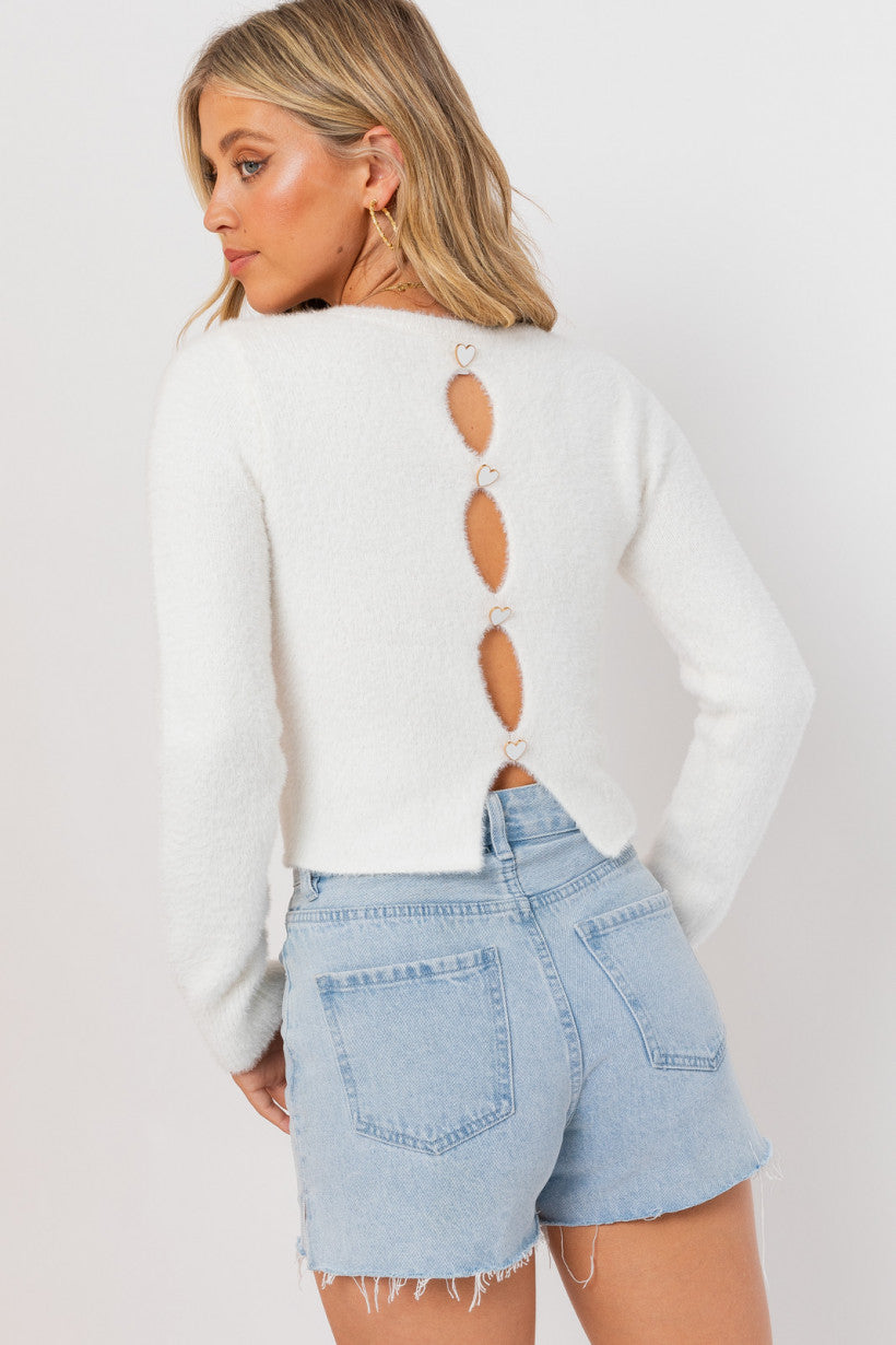 White Knit Sweater with Open Back Detail