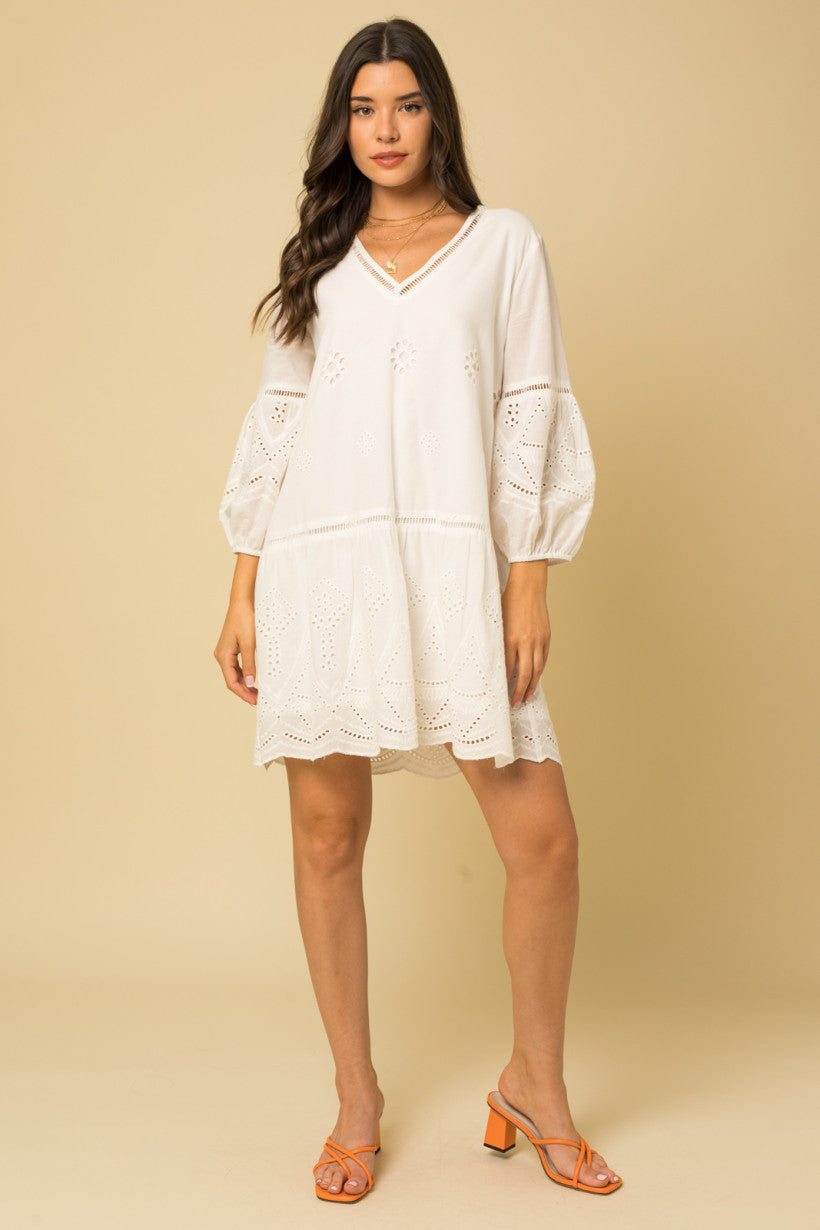 3/4 Sleeve White Embroidered Dress