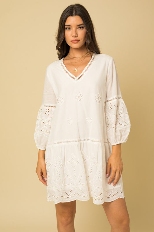 3/4 Sleeve White Embroidered Dress