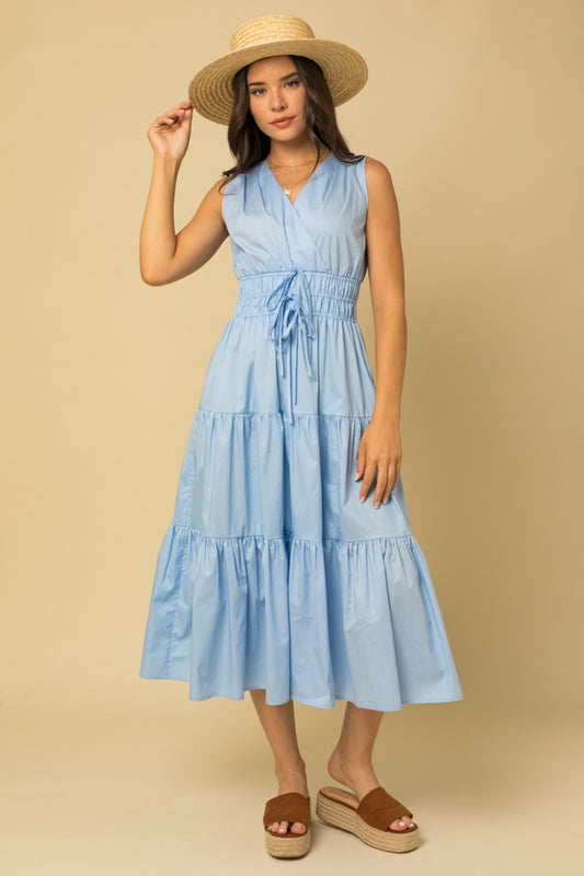 Smocked Tie Waist Wrap Top Tiered Dress