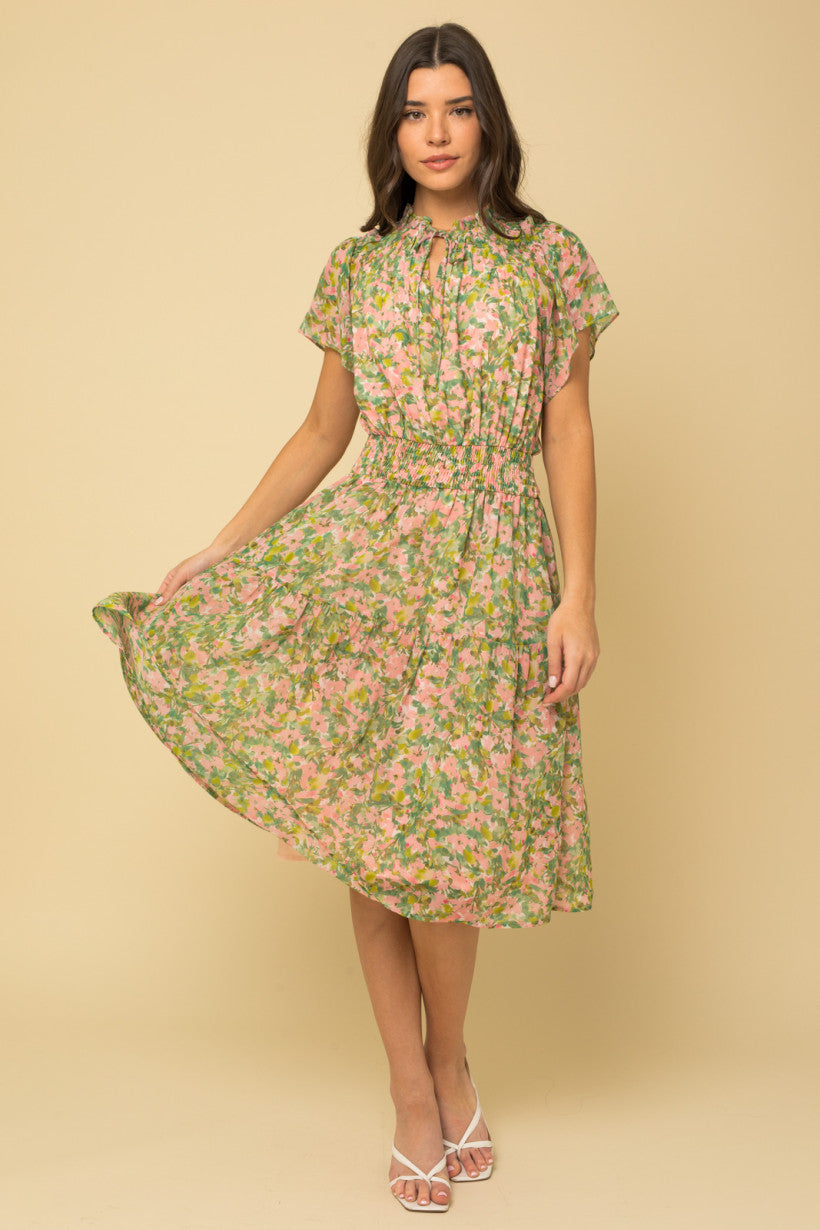 Ruffle Tie Collar Green and Pink Floral Dress