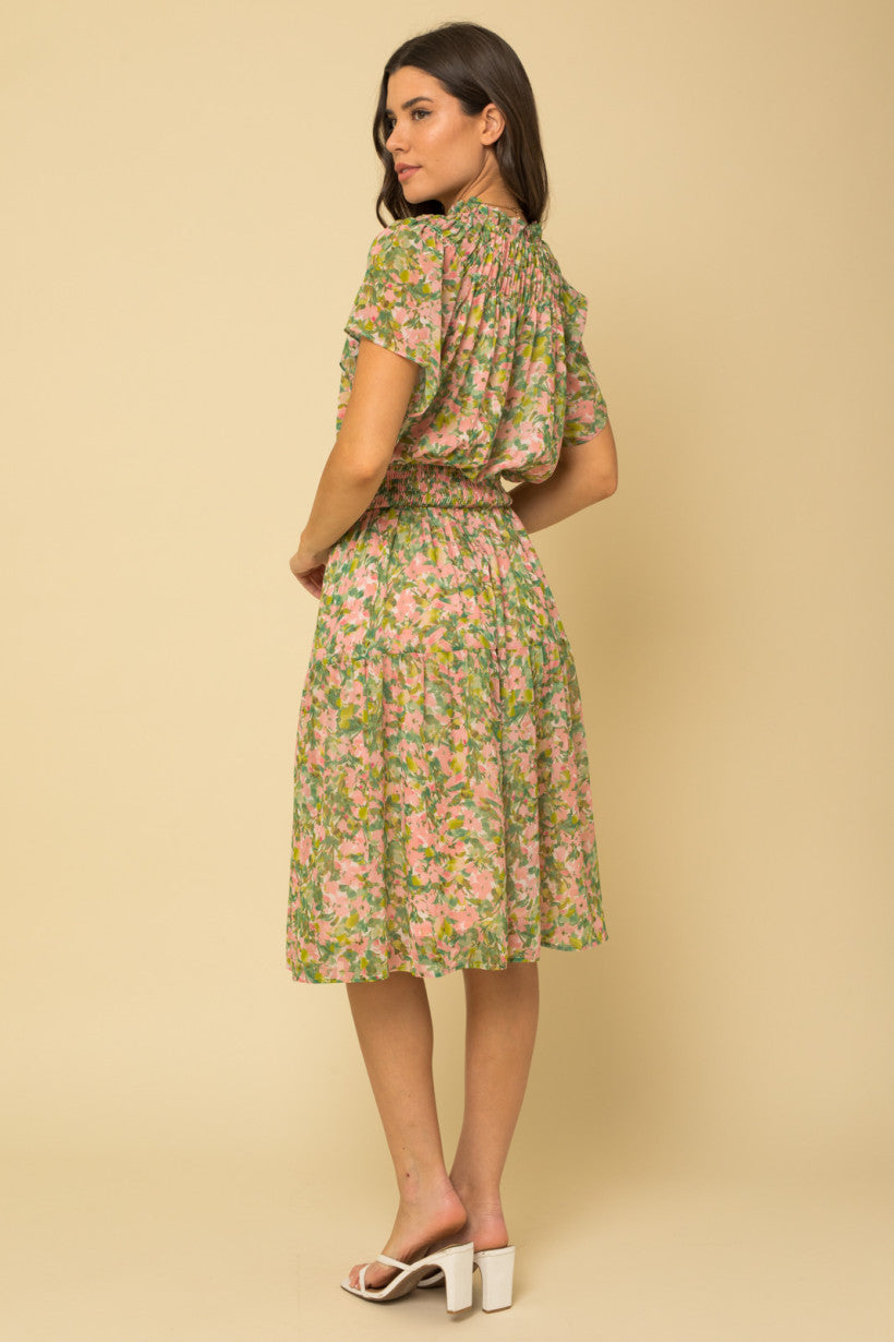 Ruffle Tie Collar Green and Pink Floral Dress