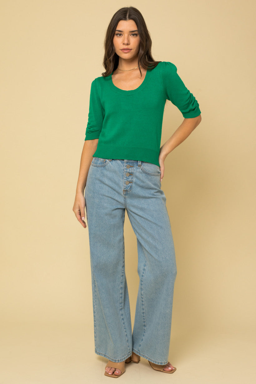 Green Scoop Neck 3/4 Sleeve Sweater