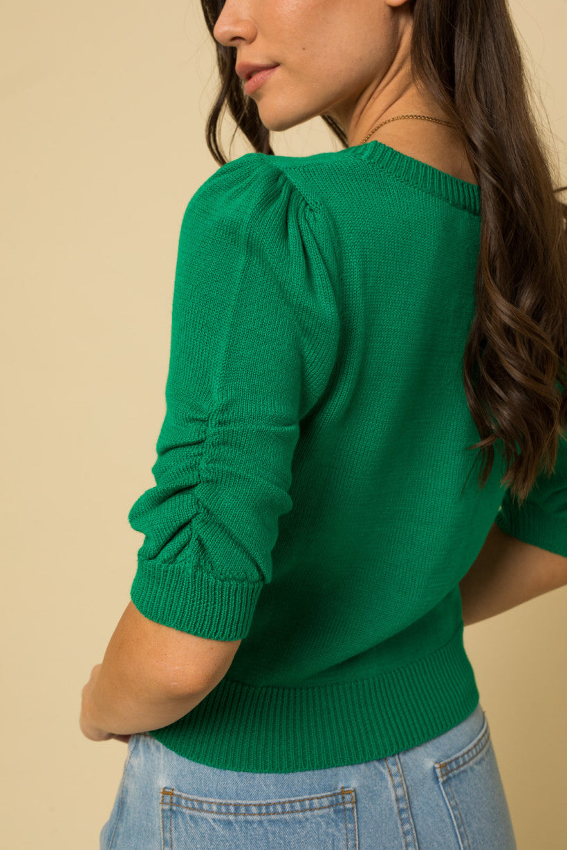 Green Scoop Neck 3/4 Sleeve Sweater