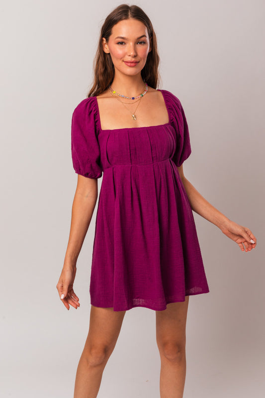 Plum Puff Sleeve Square Neck Dress