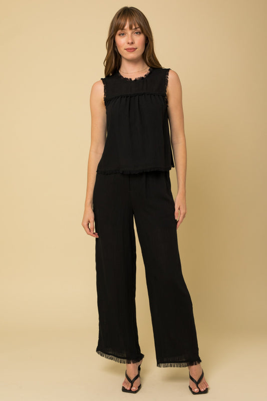 Fringe Hem Wide Leg Pants - Black