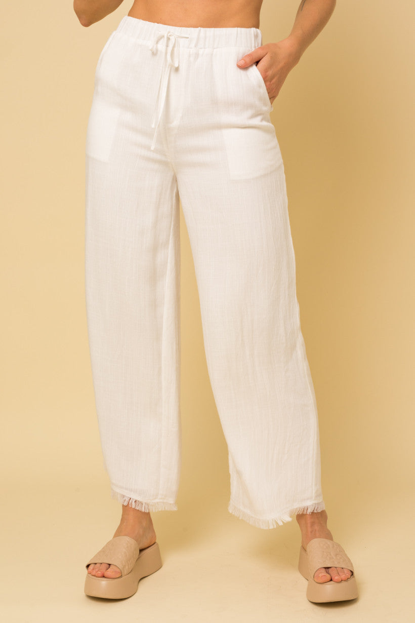 Fringe Hem Wide Leg Pants - White