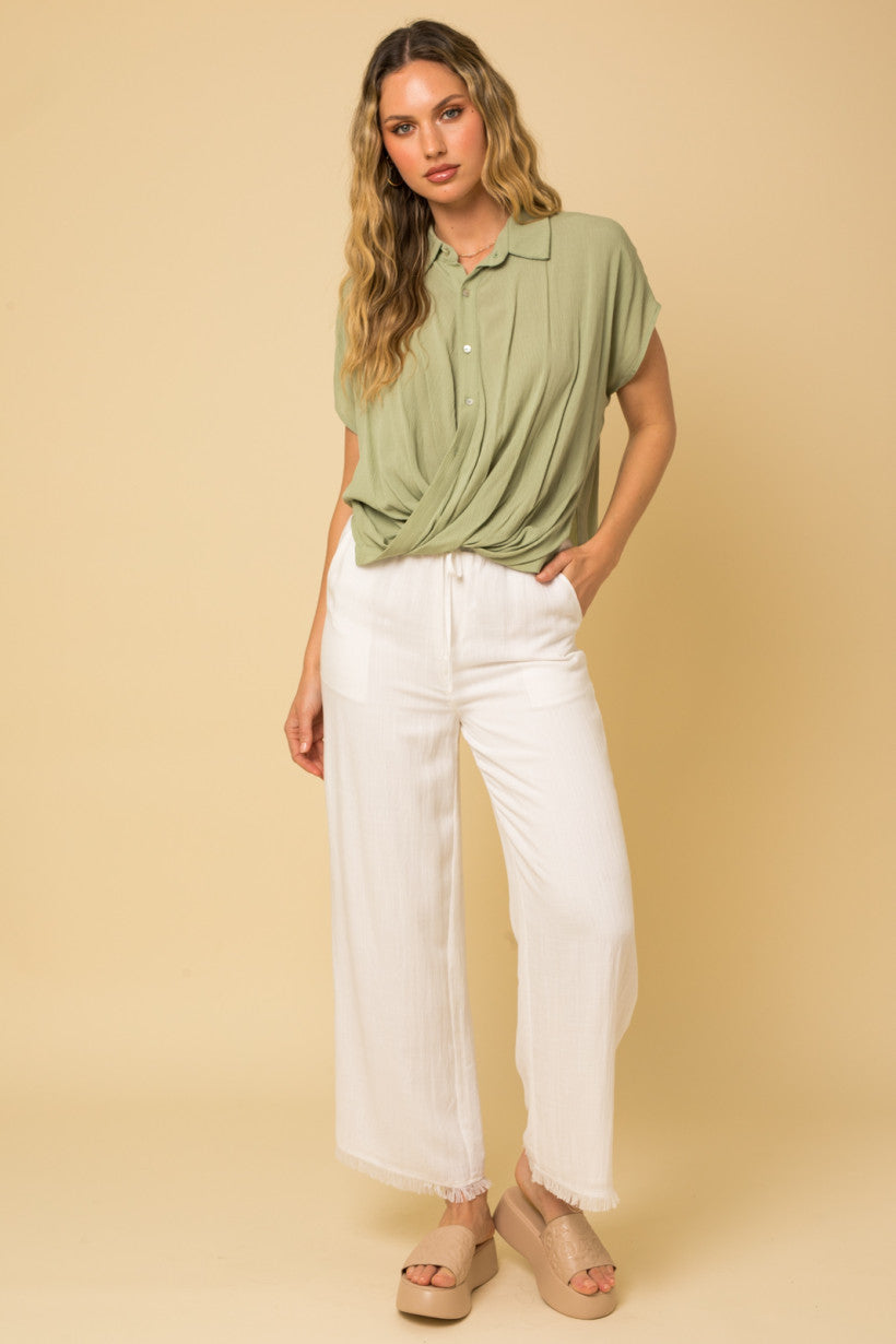 Fringe Hem Wide Leg Pants - White