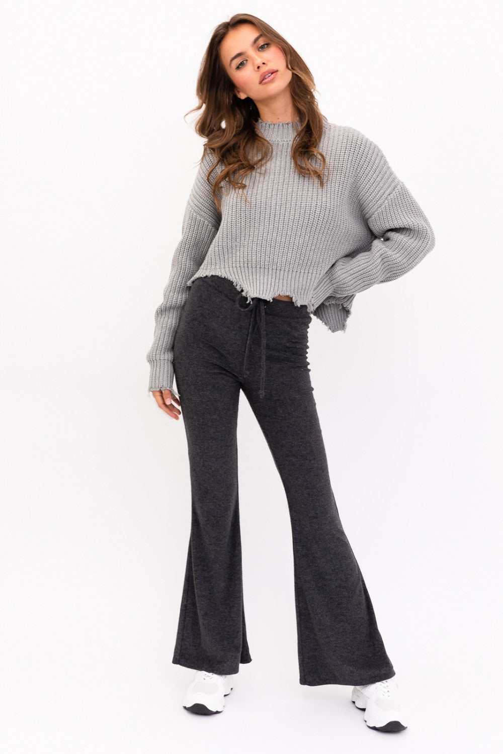 Cable Knit Frayed Hem Detail Sweater